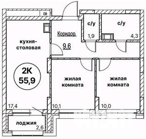 2-к квартира, вторичка, 56м2, 9/13 этаж