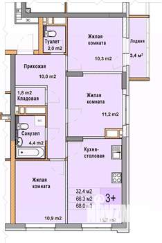 3-к квартира, вторичка, 68м2, 10/25 этаж