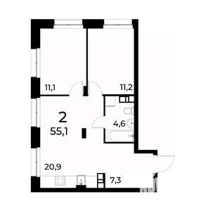 2-к квартира, вторичка, 55м2, 19/20 этаж