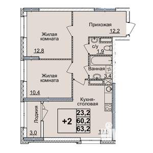 2-к квартира, вторичка, 63м2, 23/24 этаж