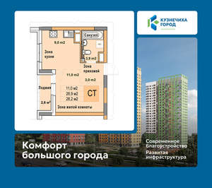 Студия квартира, вторичка, 28м2, 10/25 этаж