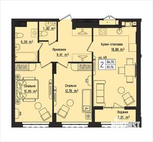 2-к квартира, вторичка, 65м2, 7/15 этаж