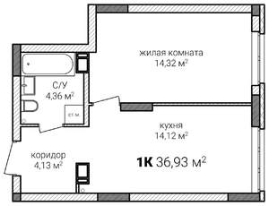 1-к квартира, строящийся дом, 37м2, 4/13 этаж