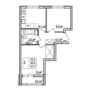 2-к квартира, строящийся дом, 42м2, 16/25 этаж
