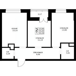2-к квартира, строящийся дом, 55м2, 11/24 этаж