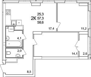 2-к квартира, вторичка, 59м2, 12/25 этаж