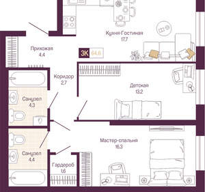 2-к квартира, вторичка, 65м2, 7/19 этаж