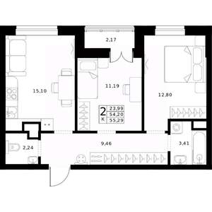 2-к квартира, строящийся дом, 55м2, 10/24 этаж