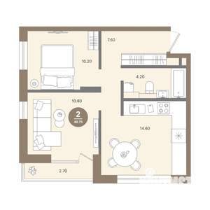 2-к квартира, вторичка, 49м2, 8/18 этаж