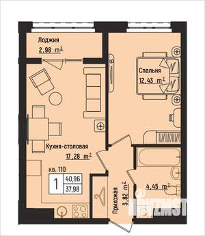 1-к квартира, вторичка, 41м2, 13/15 этаж