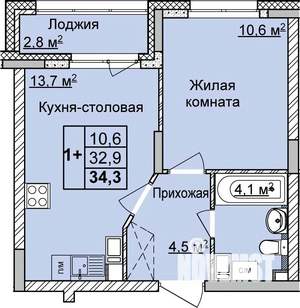 1-к квартира, вторичка, 34м2, 7/17 этаж