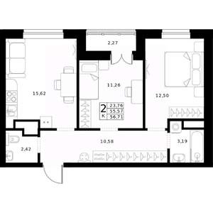 2-к квартира, вторичка, 57м2, 18/24 этаж