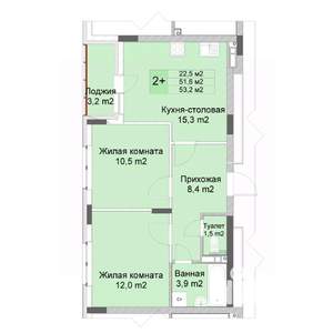 2-к квартира, строящийся дом, 53м2, 5/10 этаж