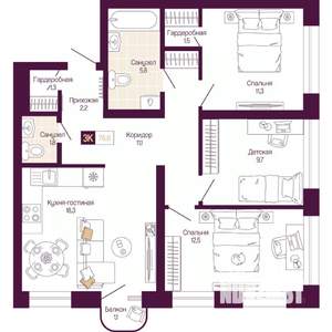 3-к квартира, вторичка, 76м2, 9/12 этаж