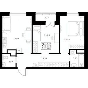2-к квартира, строящийся дом, 57м2, 17/24 этаж