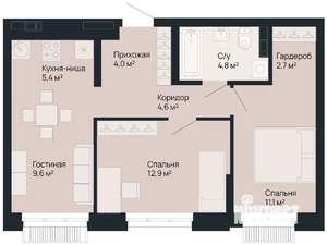 2-к квартира, вторичка, 55м2, 1/9 этаж