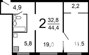 2-к квартира, вторичка, 43м2, 2/9 этаж