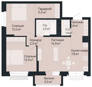 2-к квартира, вторичка, 66м2, 3/9 этаж