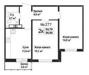 2-к квартира, вторичка, 55м2, 16/17 этаж