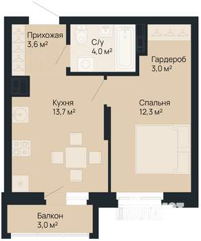 1-к квартира, вторичка, 38м2, 7/9 этаж