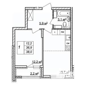 1-к квартира, строящийся дом, 38м2, 25/25 этаж