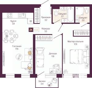 2-к квартира, вторичка, 62м2, 3/19 этаж