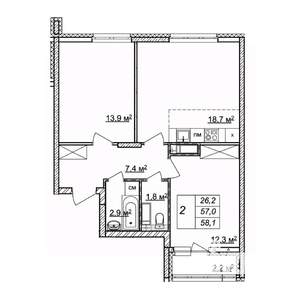 2-к квартира, строящийся дом, 58м2, 24/25 этаж