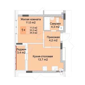 1-к квартира, строящийся дом, 35м2, 5/10 этаж
