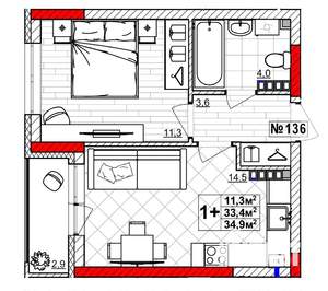 1-к квартира, вторичка, 35м2, 4/4 этаж