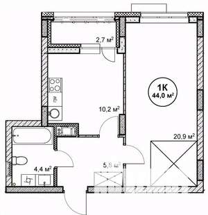 1-к квартира, вторичка, 44м2, 12/14 этаж