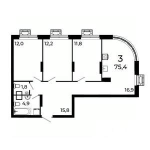 3-к квартира, вторичка, 75м2, 13/19 этаж