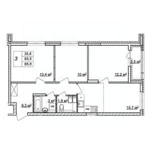 3-к квартира, строящийся дом, 67м2, 14/25 этаж