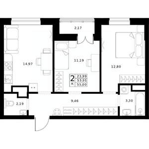 2-к квартира, вторичка, 55м2, 13/24 этаж