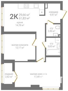 2-к квартира, вторичка, 62м2, 2/24 этаж