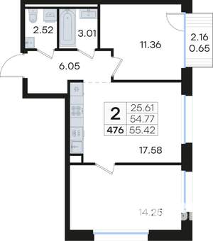 2-к квартира, вторичка, 55м2, 3/13 этаж
