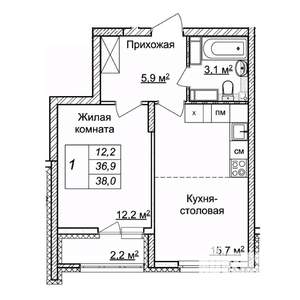 1-к квартира, строящийся дом, 38м2, 22/25 этаж