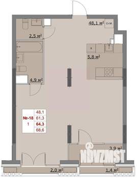 1-к квартира, вторичка, 61м2, 6/6 этаж