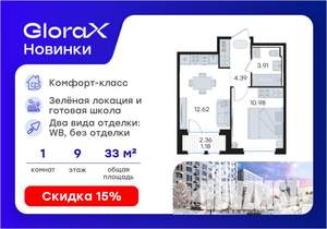 1-к квартира, вторичка, 33м2, 9/9 этаж