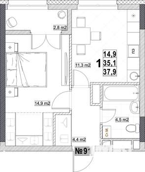 1-к квартира, вторичка, 38м2, 11/24 этаж