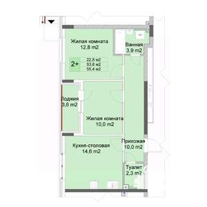 2-к квартира, вторичка, 55м2, 1/10 этаж