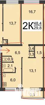 2-к квартира, вторичка, 48м2, 6/6 этаж