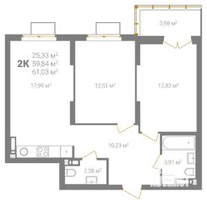 2-к квартира, вторичка, 61м2, 13/18 этаж