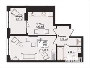 1-к квартира, вторичка, 44м2, 5/15 этаж