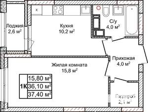 1-к квартира, строящийся дом, 37м2, 5/23 этаж