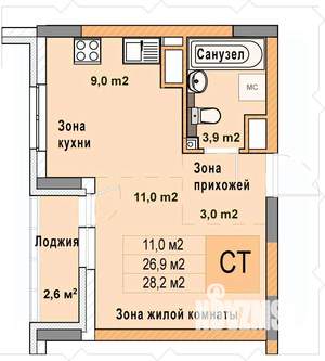 Студия квартира, вторичка, 28м2, 13/25 этаж