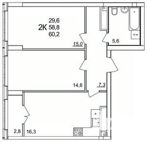 2-к квартира, вторичка, 60м2, 24/25 этаж