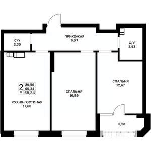 2-к квартира, строящийся дом, 65м2, 8/17 этаж