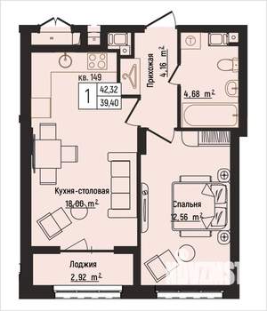 1-к квартира, вторичка, 42м2, 3/15 этаж