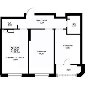 2-к квартира, строящийся дом, 65м2, 9/17 этаж