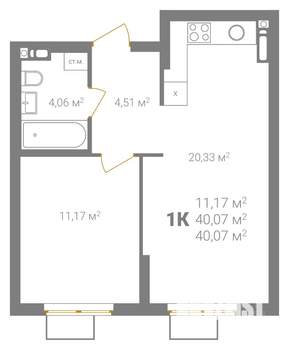 1-к квартира, вторичка, 40м2, 10/18 этаж